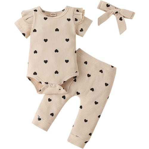 Baby Girl's 3pc Rib Frill Long Sleeve Romper and Pant Set - 0-3 Months - Ecru Heart 1