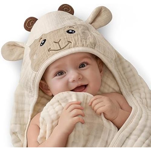 Blissful Diary Muslin Baby Hooded Towel 1 Pack, Soft & Absorbent Bath Towel for Infant, Toddler, Unisex, Baby Gift, Newborn Essentials, Gentle Lamb