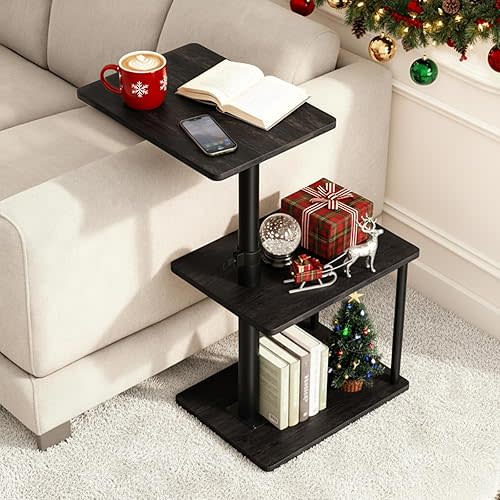 Swivel Side Table for Couch Arm, Adjustable C End Table for Recliner or Bed, Tv Trays with Storage Shelf for Small Spaces Small Nightstand Table for Living Room, Bedroom