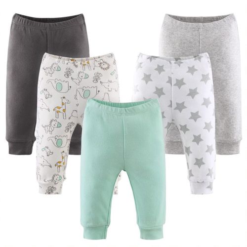 0-3 mo The Peanutshell Baby Boy or Baby Girl Pants Set, 5 Pack, Safari, Black, White, Sage, Stars