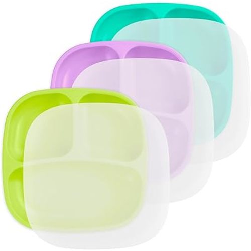 Re-Play Toddler Plates with Dividers - Deep-Walled 3 Compartments Divided Plates for Kids with 3 Lids - Dishwasher & Microwave Safe - Made in USA - Set of 3-7.37" x 7.37" x 1.25" - Mermaid