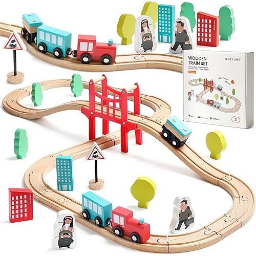 Tiny Land Wooden Train Set for Toddler - 39 Pcs- with Wooden Tracks fits Thomas, fits Brio, fits Chuggington, fits Melissa and Doug - Expandable, Changeable-Train Toy for 3 4 5 Years Old Girls & Boys