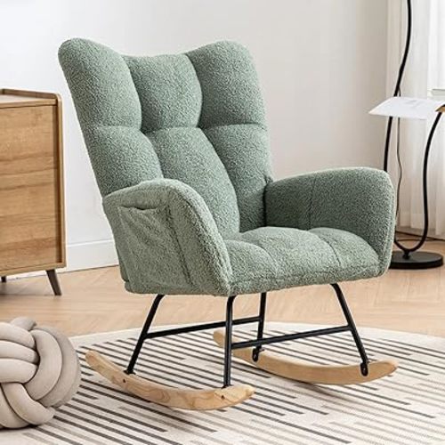 Nursery Rocking Chair Teddy Upholstered Glider Rocker with High Backrest Armchair Comfy Side Modern Rocking Accent Chairs for Living Room, Nursery, Office(Light Green