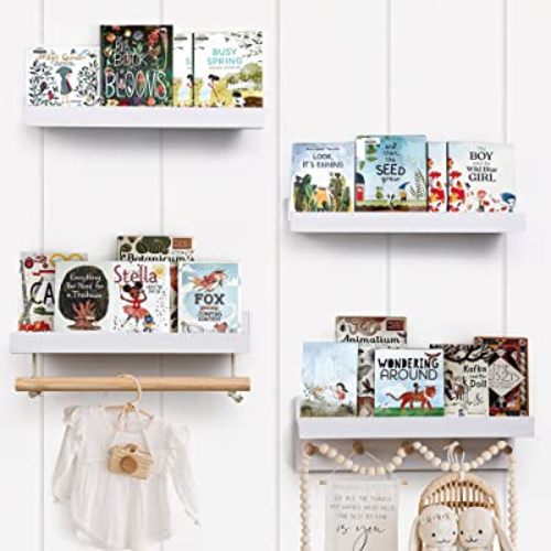 Floating Nursery Book Shelves with Hooks for Wall, Hanging Bookshelf for Kids Room Baby Bedroom, White Set of 4