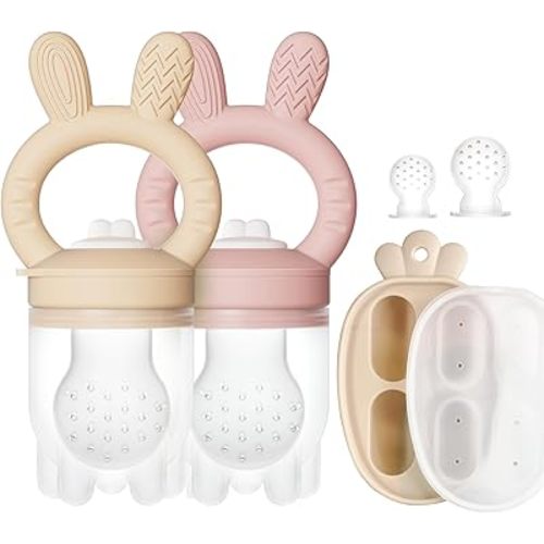 2 Packs Baby Fruit Feeder & Freezer Nibble Tray Combo, Push Pop Baby Food Feeder to Safely Introduce New Foods, Fresh & Frozen Food Silicone Feeder, 100% Food Grade, BPA Free (Caramel & Pink)