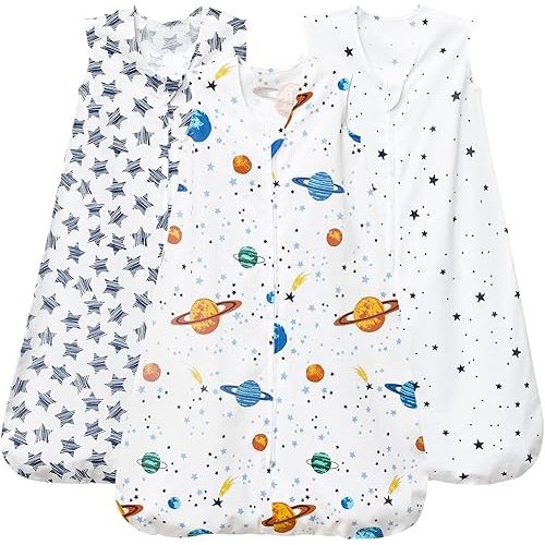 PHF Baby Sleep Sack 0-6 Months 3 Pack 100% Cotton Baby Wearable Blanket, 2-Way Zipper 0.5 TOG Toddler Sleeping Sack, Comfy Sleep Bag for Baby Boys, Space Stars(Small)