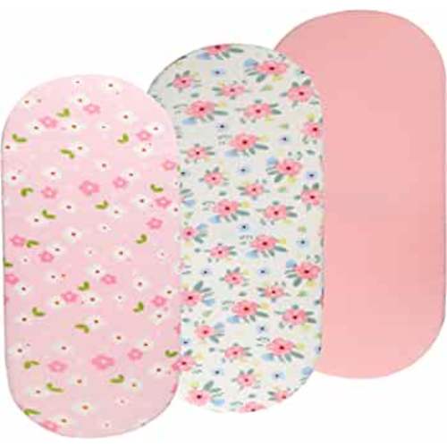 Bassinet Sheets Set 3 Pack for Baby Girl, Stretchy Soft Jersey Knitted Fitted Sheet Universal for Oval Rectangle and Hourglass Bassinet Mattress, Pink Floral