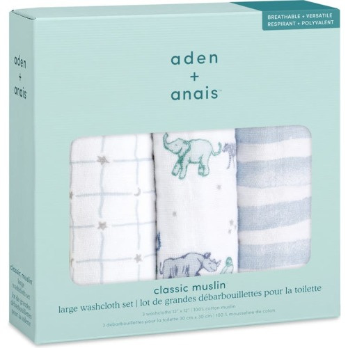 aden + anais 3-Pack Assorted Cotton Muslin Washcloth Set, Map The Stars Grey