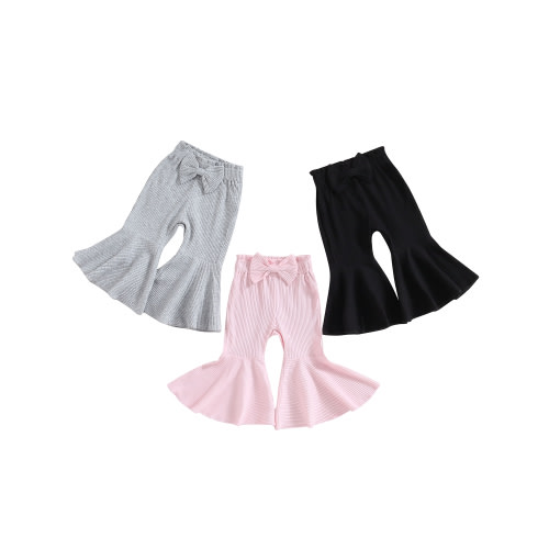 Qtinghua 3Pcs Pack Infant Baby Girls Flare Pants Solid Color Ribbed Trousers Bowknot Elastic Waist Bell Bottom Leggings Black Gray Pink 12-18 Months