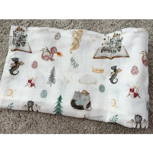Minky Baby Dragons Muslin Swaddle, Baby Crib Blanket, Moon & Stars Crib Bedding, Newborn Baby Gift, Baby Boy, Fantasy Nursery, Castle