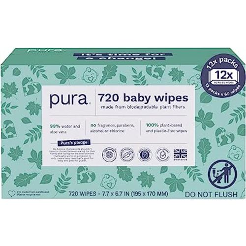 Baby Wipes 12 x 60 Wipes (720 Wipes), 100% Plastic-Free & Plant Based Wipes, 99% Water, Suitable for Sensitive & Eczema-prone Skin, Fragrance Free & Hypoallergenic, EWG, Cruelty Free