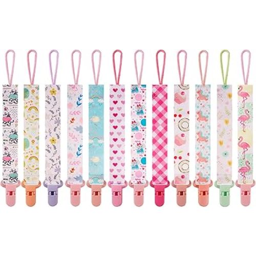 12 Pack Pacifier Clips with Strap 25.5cm - Premium Polyester Baby Pacifier Holder Set, Multi-Design Clips for Girls Boys（Multi Color B）