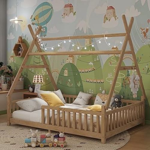 Teepee Floor Bed for Kids, Full Size Montessori Beds with Rails, Detachable Floor Tent Bed with Slats and Hanging Rack, Wood House Bedframe for Boys Girls, Natural
