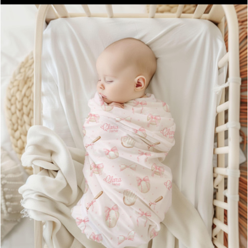 Personalized Baby Girl Swaddle Blanket – Baseballs & Bows Print, Soft Stretchy Knit, Custom Name, Baby Shower Gift, Nursing Cover