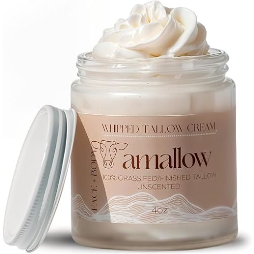 100% Grass Fed Beef Tallow for Skin Care - Face + Body - Whipped Moisturizer for Sensitive Skin - Natural Lotion, 4 FL. oz. (Unscented)