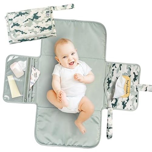 Tiny Twinkle Portable Diaper Changing Pad | Waterproof, Wipeable & Compact Baby Changing Pad for Travel | Smart Wipes Pocket & Organized Storage| Newborn Shower Gift (Sage Checkers)