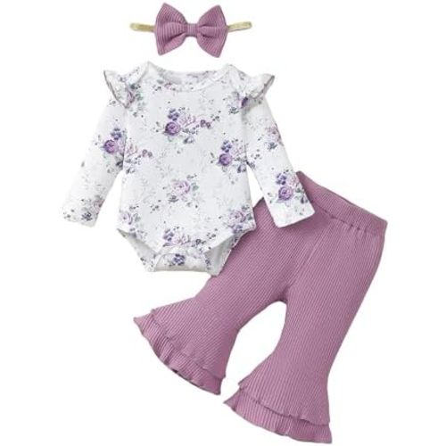 SUNNY PIGGY Baby Girl Clothes Ruffle Short Sleeve Romper Long Pants Set with Headband Newborn Infant Outfits