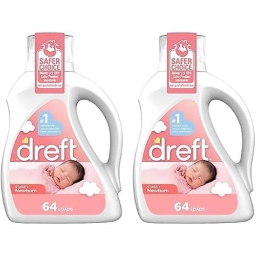 Dreft Stage 1: Newborn Hypoallergenic Liquid Baby Laundry Detergent (HE), Natural for Baby, Newborn, or Infant, 100 Ounces (64 loads) (Pack of 2)