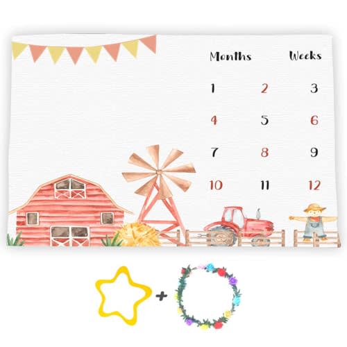 Farm Theme Baby Monthly Milestone Blanket, 60x40in Soft Flannel, Tractor and Barn Backgrounds, Newborn Mom Gifts, Baby Shower Age Growth Tracker with Bonus Maker