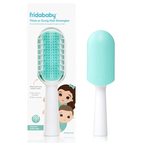 Frida Baby Thick or Curly Hair Detangler Brush for Kids, Toddler Hairbrush Detangles Knots Without Tears or Breakage, Comb Teeth and Bristle Design, White/Blue ,1 Count