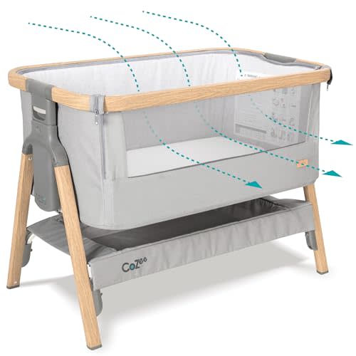 Tutti Bambini CoZee® 2-in-1 Baby Bassinet & Bedside Sleeper - Fast-Folding Bedside Bassinet, Baby Crib with 6 Mattress Heights & Breathable Mesh Window, Mattress Included, 0-6 Months (Silver & Oak)