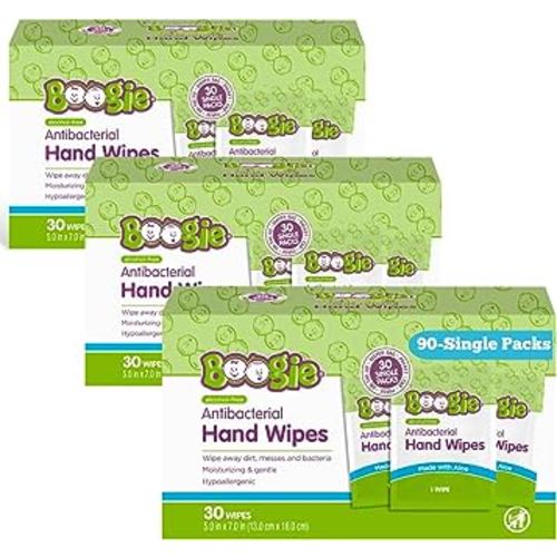 Antibacterial Hand Wipes by Boogie, Alcohol Free, Hypoallergenic and Moisturizing Aloe, Hand Wipes for Kids and Adults, Single Packs, 30 Wipes (Pack of 3)