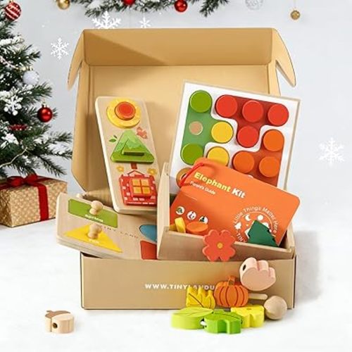 Tiny Land Montessori Toy Set for Babies 18-24 Months Investigator Play Kit- 4-in-1 Wooden Learning Toys with Color Sorting, Lacing Beads, Shape Matching, and Seasons Puzzles