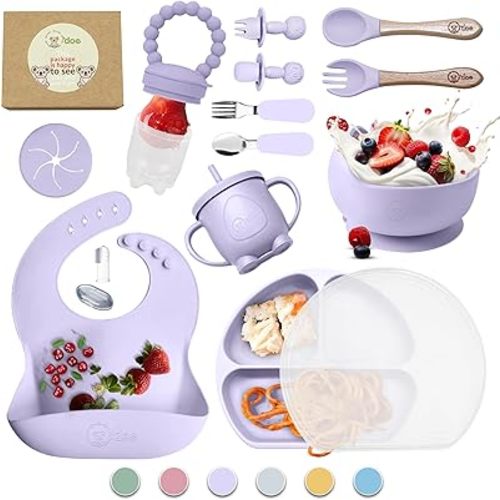 O'doe 17-Piece BPA-Free Silicone Baby Feeding Set | Thick & Soft Suction Plates, Baby Bowls, Wooden Fork & Spoon, and More | Make Mealtime Fun and Easy for Your Little One (Purple, V2)