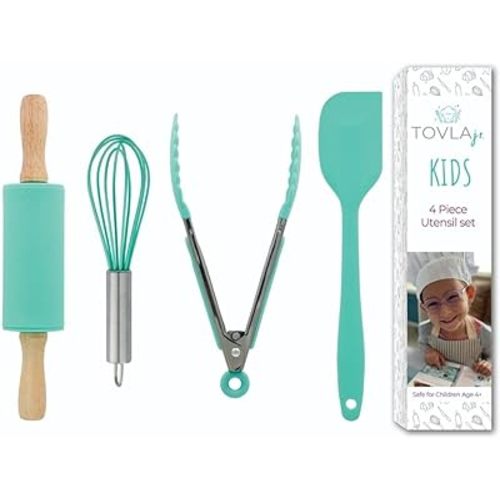 Tovla Jr. Kids Cooking Utensils Set - 4-Piece Kids Kitchen Tools - Safe Kids Baking Set - Food Grade Toddler Chef Supplies - Gender Neutral Silicone Cookware Kit with Spatula Whisk Tongs Rolling Pin