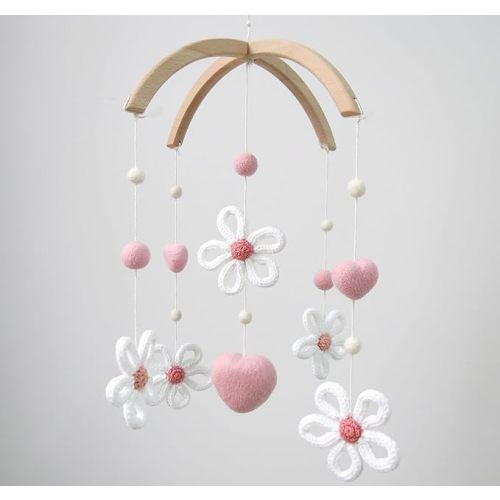Goukurlsma Daisy Mobile for Crib Boho Baby Crib Mobile for Girls Pink Felt Flower Baby Mobile for Crib