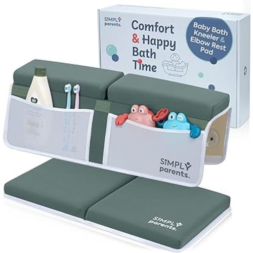 Baby Bath Kneeler and Elbow Rest Pad Set – Quick-Dry, Non-Slip Bath Kneeling Rest Pad for Bathing a Baby or Toddler, with Toy Organizer Pockets, with a Gift Box, Baby Bath Accessories for tub, Green