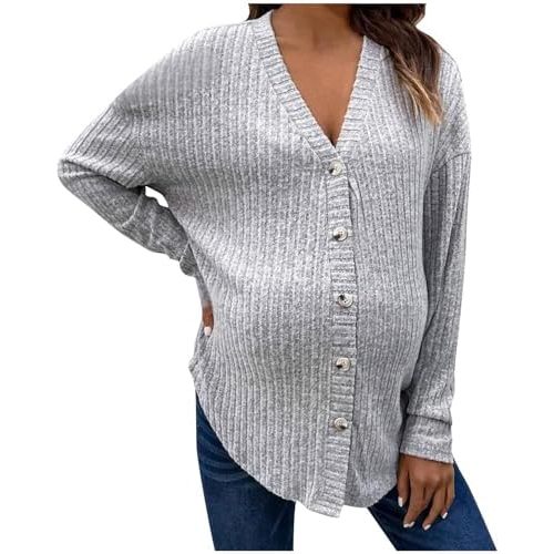 Women's Maternity Long Sleeve Shirt Ribbed Knit Nursing Tee Tops Button Down Shirt Loose Fit Tunic Sweater Cardigan