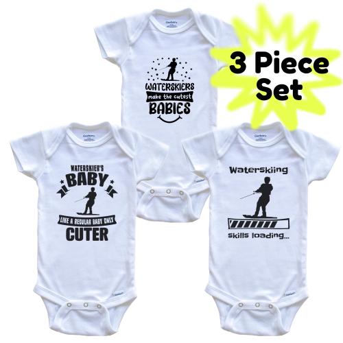 Waterskiing Waterskier Funny Cute Baby Bodysuit Bundle (3 Piece Set) - Baby Shower Gift Set