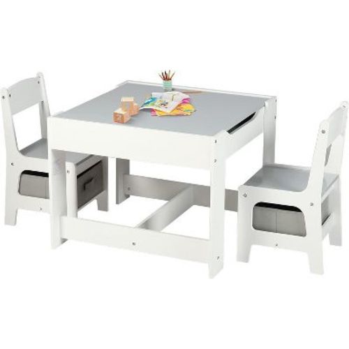 Kinder King 3-in-1 Kids Table & 2 Chairs Set with Storage, Removable Top & Blackboard, for Art, Crafts, Reading, Play, Grey