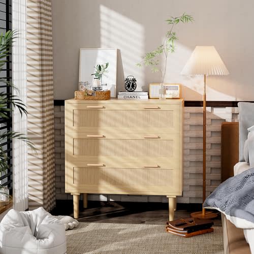 Oakcloud 3 Drawer Rattan Dresser for Bedroom, Living Room, and Entryway, Wooden Storage Cabinet Chest of Drawers, Night Stand Bedside Table with Legs and Golden Handles