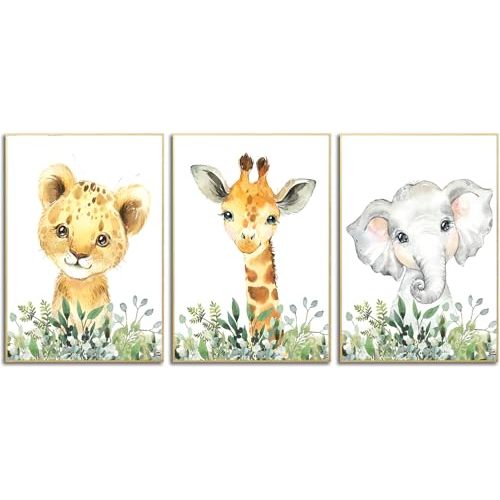 Wodkwq Safari Nursery Wall Art Baby Animal Canvas Prints Girl Boy Room Decor Poster Toddler Room Decoration Jungle Watercolor Painting Pictures Set of 3 for Kids Bedroom Bathroom 12x16in Unframed