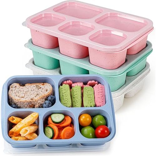 Caperci Wheat Straw Bento Snack Box Containers for Adults & Kids - Reusable Adult Lunchable Food Storage Containers with 5-Compartment for Snacks & Meals, BPA-Free, 4-Pack (Multicolor & Clear Lids)