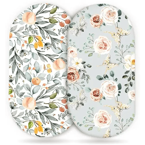 GRSSDER Stretchy Ultra Soft Fitted Bassinet Sheet Set 2 Pack for Girls Universal Fit for Baby Cradle Moses Basket Oval Rectangle Mattress, Watercolor Flowers and Fruits
