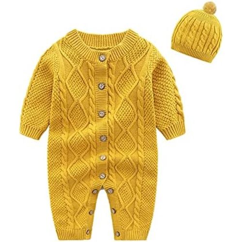 Baby Newborn Boy Knitted Sweater Romper Cotton Longsleeve Outfit with Kids Winter Warm Hats Set