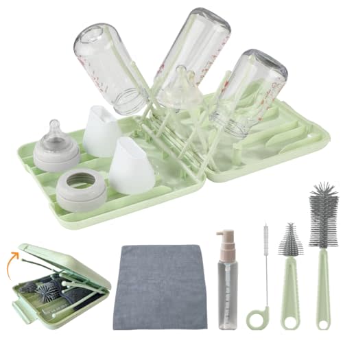 7in1 Travel Bottle Cleaner Kit: Baby Travel Essential - Bottle Brush Set with Silicone Bottle Brush, Straw Brush, Nipple Brush, Soap Dispenser - Bottle Cleaning Brush Set, Bottle Drying Rack (Green)