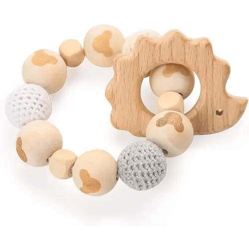Baby Teething Toys Wooden Teethers BPA Free Wood Chewable Toys Natural Beech Baby Teething Ring Rattles (Hedgehog)