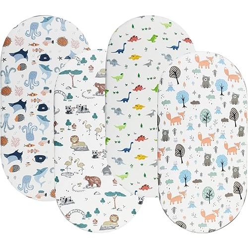 Bassinet Sheets for Baby Boy and Girl, Stretchy Breathable Fitted Sheet Universal for Bassinet Cradle Hourglass Oval Rectangle Pad/Mattress, 4 Pack Undersea Fish, Animal and Dinosaur Printing
