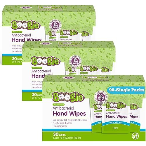 Antibacterial Hand Wipes by Boogie, Alcohol Free, Hypoallergenic and Moisturizing Aloe, Hand Wipes for Kids and Adults, Single Packs, 30 Wipes (Pack of 3)