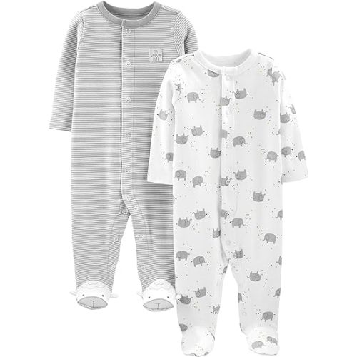 Simple Joys by Carter's Baby Neutral 2-Pack Cotton Footed Sleep and Play - 0-3 Months - Light Grey Mini Stripe/White Elephant