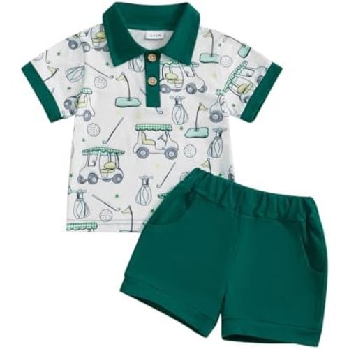 Toddler Baby Boy Golf Outfit Short Sleeve Golf Cart Polo T Shirts Top and Shorts Set 2Pcs Golf Theme Summer Clothes
