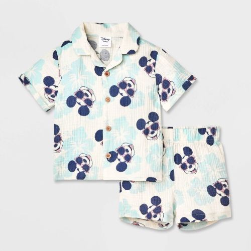 Baby Boys' 2pc Disney Mickey Mouse Woven Gauze Button-up Top & Shorts Set - Blue Newborn