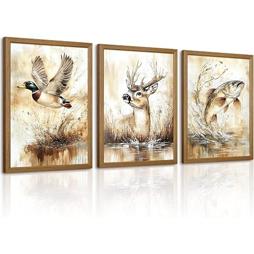 Vintage Animal Wall Art Baby Boy Room Canvas Wall Decor Farmhouse Animal Posters Kids Nursery Hunting Art Prints Rustic Deer Fish Pictures Mallard Duck Painting for Bedroom 12x16x3 Inch Framed