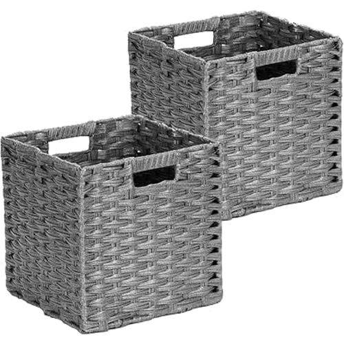 DULLEMELO 11x11 Wicker Baskets for Storage, Plastic Woven Cube Storage Bins for Shelves, Waterproof Foldable Wicker Baskets for Organizing Shelves,Closet, Clothes, Toys-Grey