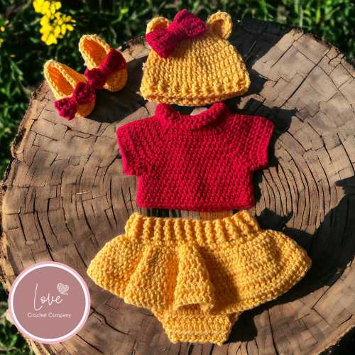 Hand-Crocheted Winnie the Pooh Inspired Crocheted Set, Baby Girl, Costume, Photo Prop, Size Newborn - 6 Months