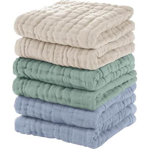 Muslin Baby Washcloths 6 Pack, 100% Cotton Wash Cloths for Babies, Large 12''X12'' Burp Cloths Absorbent and Soft for Newborn Infants Kids Boys Girls - Apricot Green Sapphire Blue